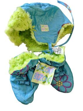 Baby Hat And Booties Set 0-12 Months Teal Floral Embroidered Soft Fuzzy Lining